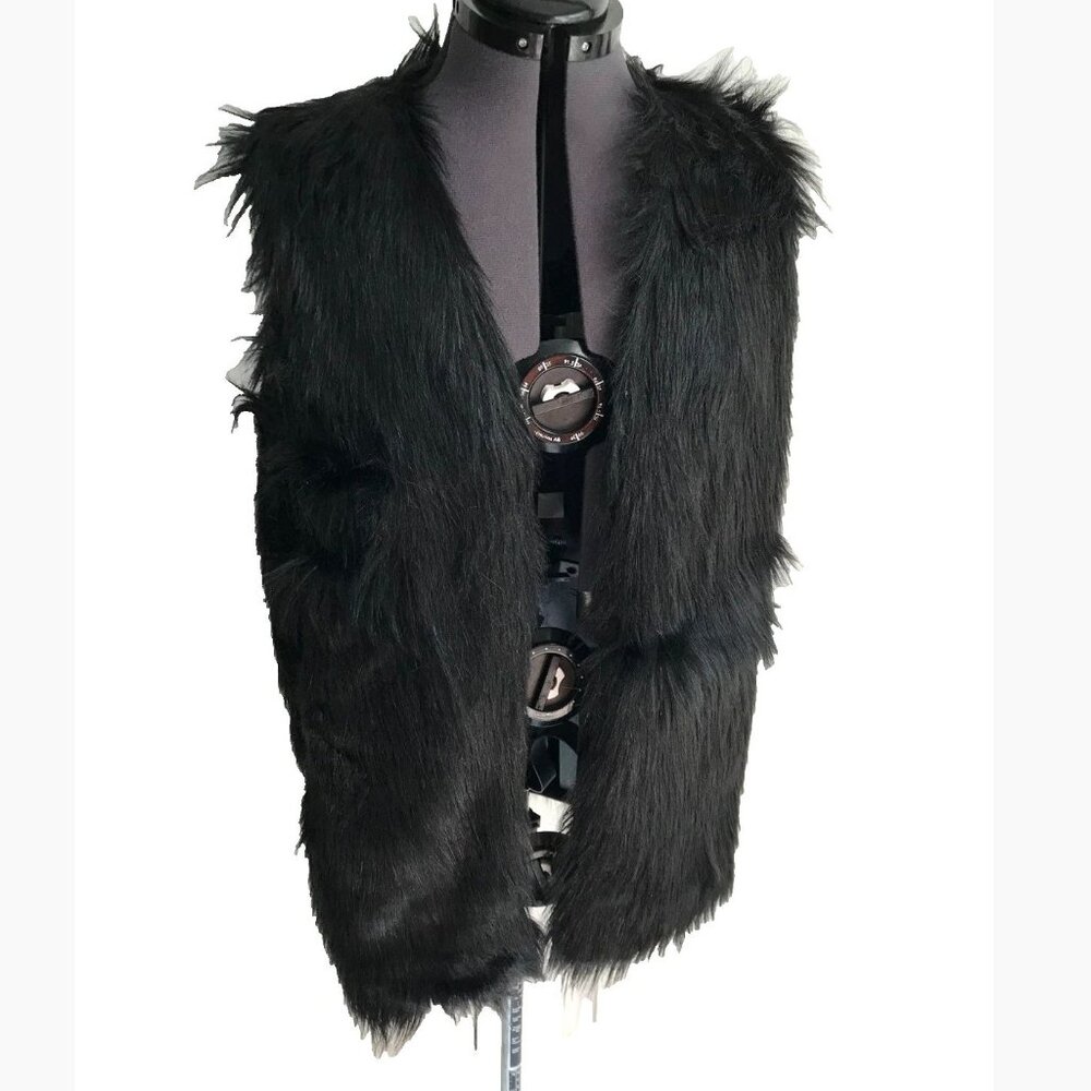 Lapis Faux Fur Shaggy Black Woman's Vest Casual Open Front Size: Large